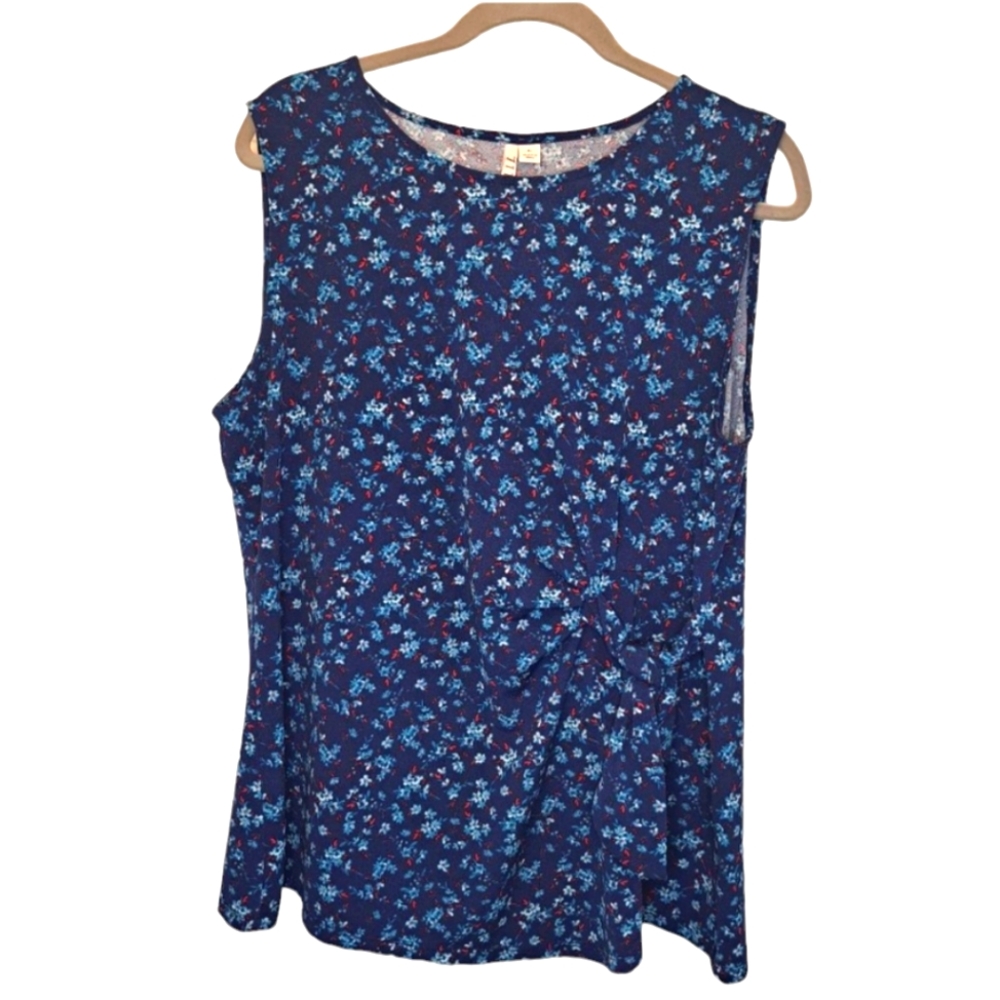 Elle Blue Floral Print Crew Neck Tank Top Sleeveless Blouse Side Tie Size XL